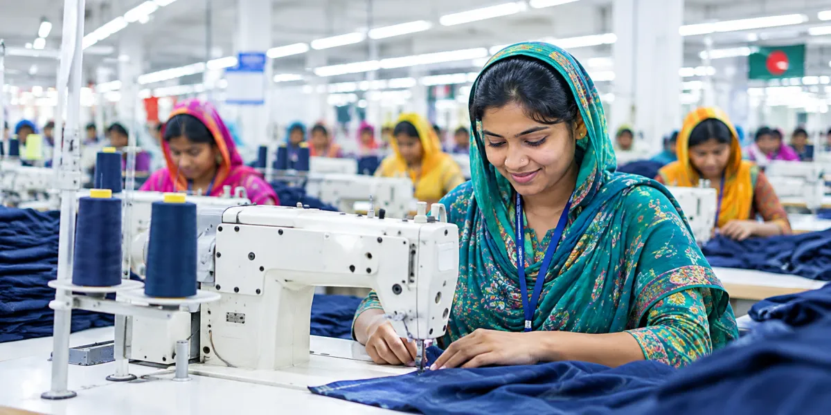 Garment production workers operating sewing machines in a textile factory